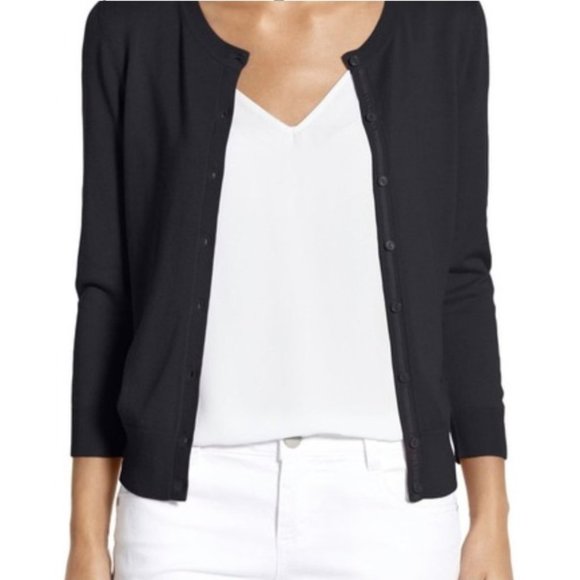 Two (2) Halogen cardigan sweaters three quarter sleeve grey/gray, navy - Picture 2 of 9